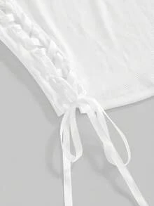 ROMWE Y2K Áo thun nữ kiểu dáng thường ngày, chất liệu satin, điểm xuyết ruy băng. - trắng - Xem 4