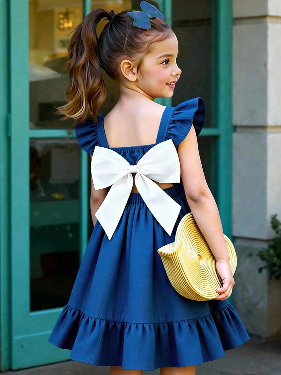Elladie kids 女童休闲中长连衣裙,后背饰有可爱蝴蝶结设计 - 藍色 - 查看 1