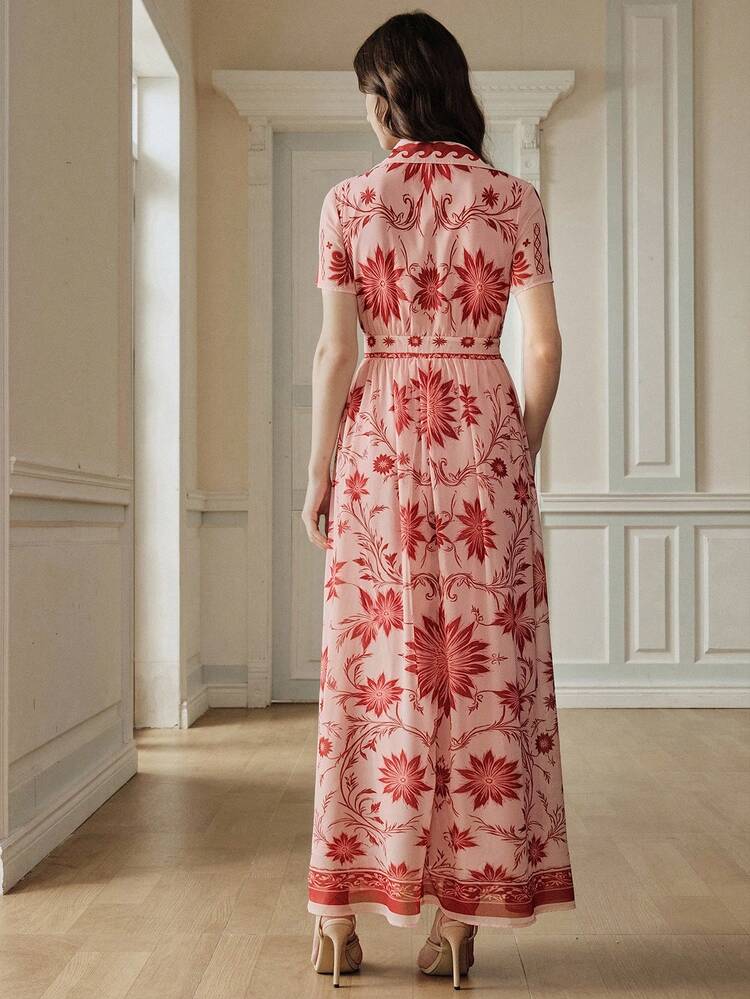 Women's Elegant Positioning Print Short Sleeve Shirt Collar Dress, Ladies Summer Dress, Graceful Dress