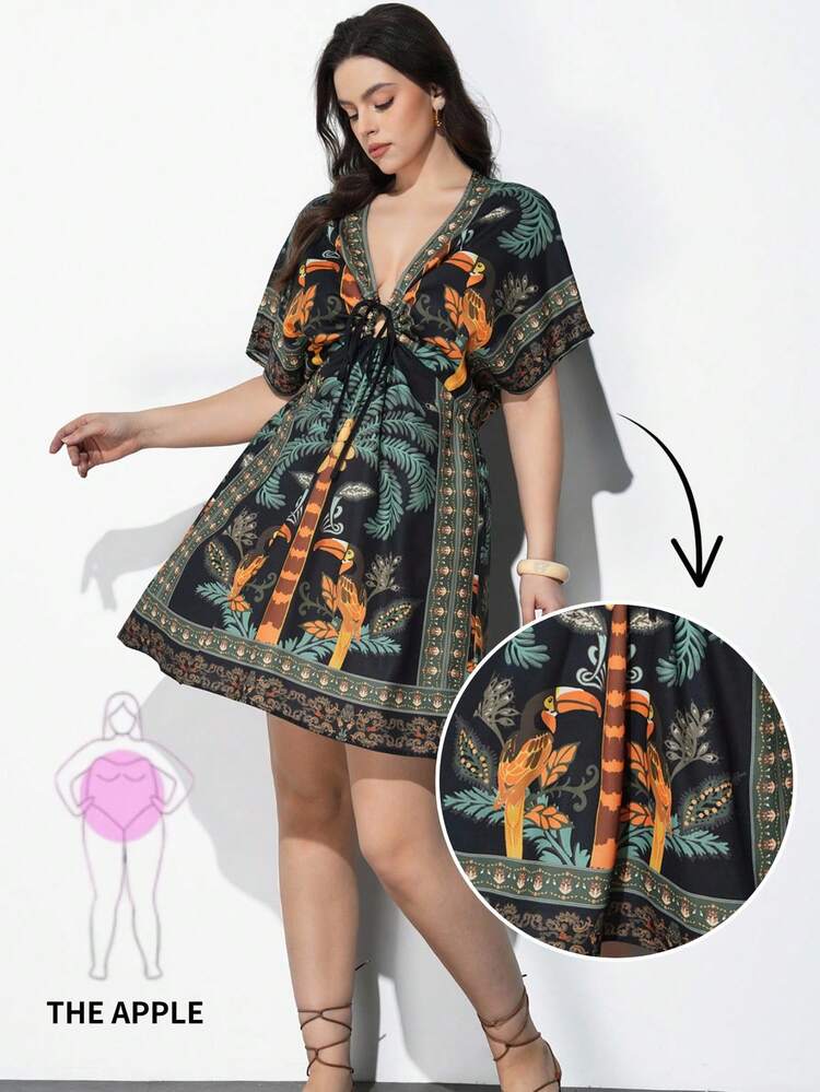 SHEIN Maija Plus Size Tropical Print Casual Vacation Dress Tie Front Dress Boho Dress For Women Resort Dress Kimono Dress Resort Wear Women  St Patrick's Day Women Easter Summer Outfits Easter Dress Women Party Top Beach Dress Summer Holiday Outfits Each Vacation Outfits For Women  Summer Outfit For Women Going Out Outfits Graduation Graduation Outfit  Casual Dresses  Casual Blouses For Women, Summer Dresses