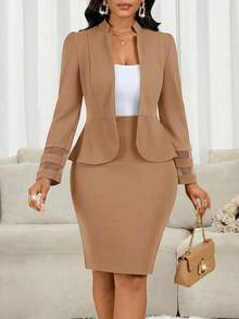 SHEIN Lady 女士简约商务长袖上衣和半裙套装（2件套）秋冬女装 - 卡其色 - 查看 5