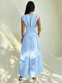 Firerie Đầm hè nữ màu xanh nhạt thanh lịch, cổ tròn, eo xòe, dáng suông, kiểu dáng cổ điển, thích hợp mặc đi nghỉ dưỡng hoặc đi làm. - Màu xanh lam - Xem 6