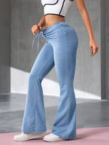 Flexra 女士抽绳腰带休闲喇叭牛仔裤 - 淺色水洗藍 - 查看 4