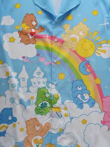 SHEIN X Care Bears 男士卡通印花纽扣前开襟休闲短袖衬衫 - 藍色 - 查看 4