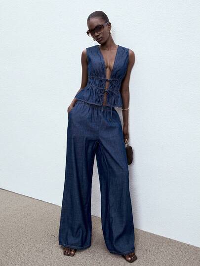 ATUI Studio 女士纯色打结吊带背心和阔腿牛仔裤休闲套装