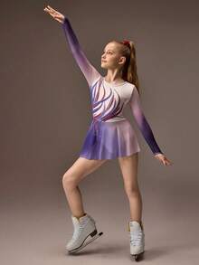 SHEIN 少女花样滑冰服，专业运动，日常训练，校园比赛，时尚图案，插肩袖，防走光裙摆设计，高弹舒适弹力花样滑冰服，秋冬季款 - 粉色 - 查看 7