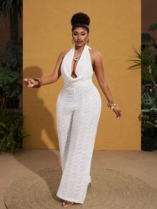 Maweii Plus Size Lace Halter V-Neck Backless Casual Jumpsuit - White - View 4