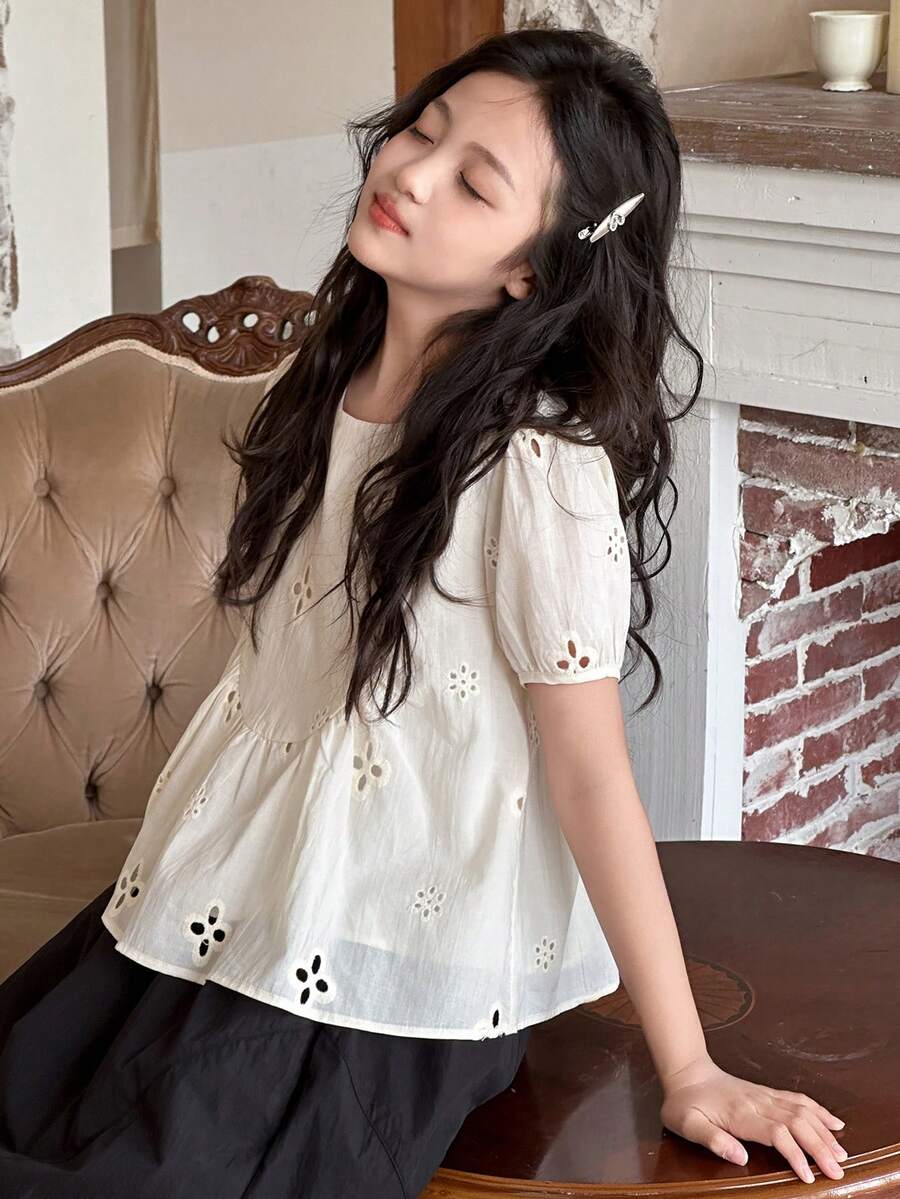 Dazy Kids Tween Girls Embroidered Hollow Puff Sleeve Shirt With Peter Pan Collar,Back To School Clothes Vacation - Beige - View 1