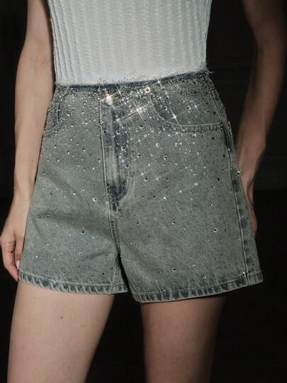 Anewsta 时尚蕾丝腰带铆钉牛仔短裤