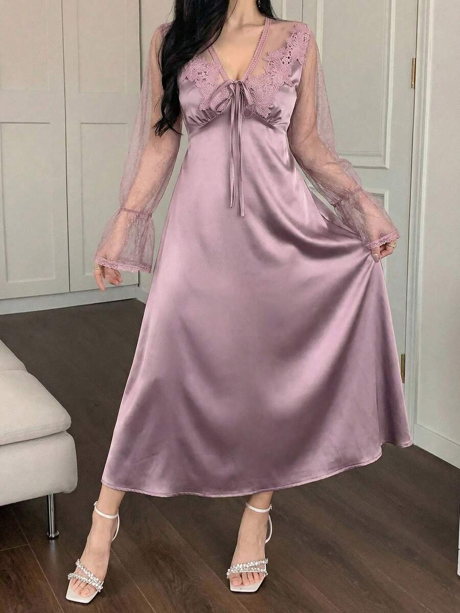 DAZY Women's Romantic Mesh & Satin Trim Lace Decor Nightgown, Spring/Summer Pajama, Fall, Winter - Purple - View 1