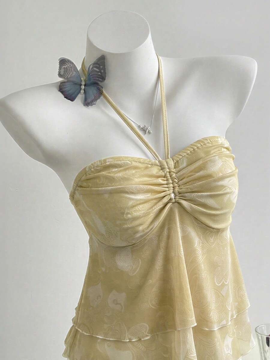 Sweetra Áo croptop không dây vai in họa tiết thời trang dành cho nữ - Màu vàng - Xem 1