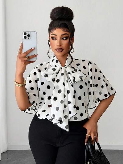 Maweii Plus Size Sexy Knotted Collar Polka Dot Print Ruffle Sleeve Blouse