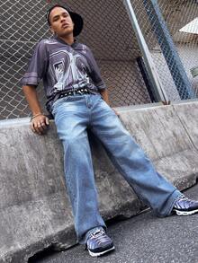 EVRINFINITE 1件 Hearty Haven 宽松休闲时尚百搭街头风阔腿直筒牛仔裤 - 藍色 - 查看 8