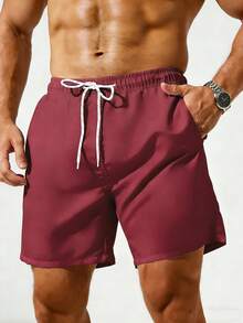 ZELFYO Men Solid Drawstring Waist Swim Trunks - Burgundy - View 3
