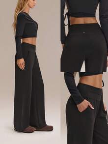 GLOWMODE 30" Regular SoftCalm Modal Silk Touch Wide Leg High Waist Lounge Pants With Side Pockets Daily Casual Spring Summer - Black - View 10