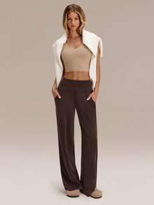 GLOWMODE 30" Regular SoftCalm Modal Silk Touch Wide Leg High Waist Lounge Pants With Side Pockets Daily Casual Spring Summer - Chocolate Brown - View 8