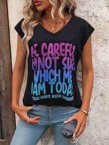EMERY ROSE Women's V-Neck Slogan Print Casual Versatile Daily Wear T-Shirt - Black - View 4