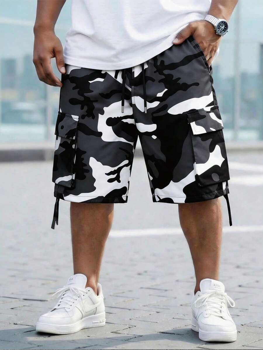 DRIVNCORE Plus Size Men's Camouflage Print Slant Pocket Casual Cargo Shorts Oversized Shorts For Men Camo Sweat Shorts Men Camouflage Shorts Men Streetwear Shorts - Black and White - View 1
