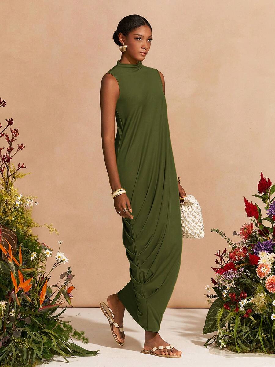 Zivah 2026春夏新款音乐节、复活节、圣帕特里克节、情人节、约会、西部风、游牧风、生日派对、毕业典礼、学院风、学生装、日常穿着、百搭基础款、休闲装、度假、邮轮旅行、海滩、日光浴、爆款、街头风、婚礼宾客波西米亚风、通勤、早午餐、机场、派对、假日郊游、办公室穿着 黄绿色无袖荷叶边修身针织连衣裙 - 軍綠色 - 查看 1