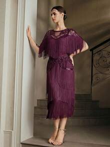 Women's Fashion New Arrival High-End Party & Evening Elegant Beaded Patchwork Tassel Suit - Purple - View 3