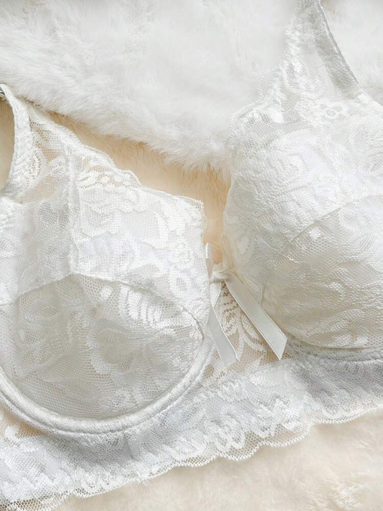 Lace Patchwork Semi-Sheer Bow Adjustable Spaghetti Strap Bra, Suitable For Summer & Spring