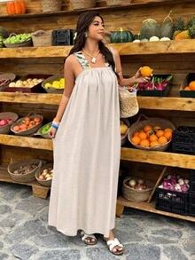 SHEIN LUNE Plus Size Women's Spring/Summer Lemon Print Contrast Color Backless Casual Dress - Apricot - View 2