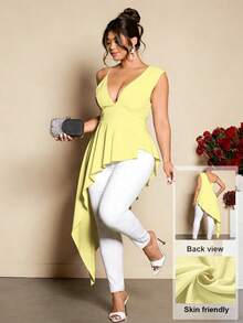 Cravure Plus Size Women's Spaghetti Strap V-Neck Ruched Asymmetric Hem Elegant Blouse - Yellow - View 1