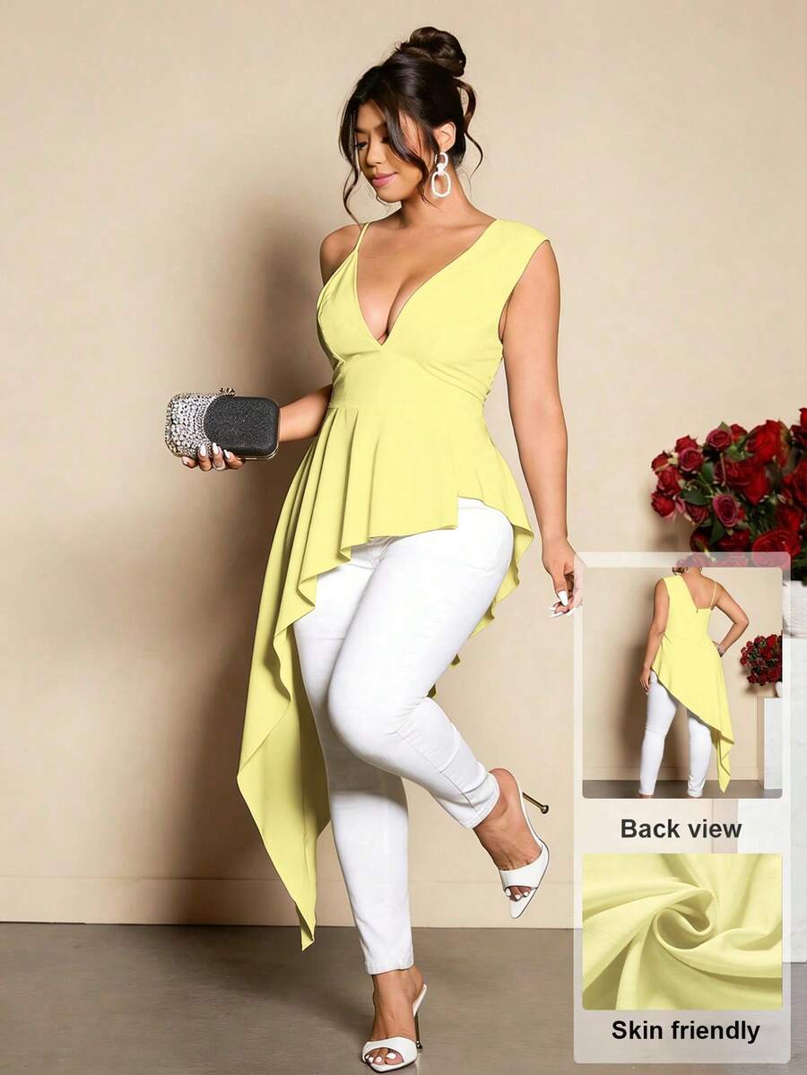Cravure Plus Size Women's Spaghetti Strap V-Neck Ruched Asymmetric Hem Elegant Blouse - Yellow - View 1
