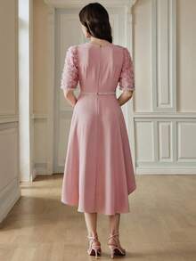 Anewsta Spring Romantic Elegant Ball Party Waist Fitted Petal Sleeve Mid-Length Dress For Women - Pink - View 2