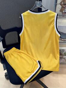 Tween Boy Sports Streetwear Knit Mesh Sleeveless Crew Neck Tank Top And Shorts Set, Suitable For Outdoor, Sports In Spring And Summer - Yellow - View 2