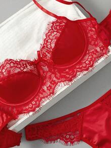 Set de lencería panel con encaje de pestaña con aro - Rojo - Ver 5