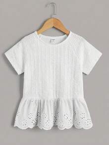 少女白色插肩袖镂空刺绣荷叶边下摆T恤，适合度假、休闲外出，白色蕾丝下摆，少女休闲T恤 - 白色 - 查看 3