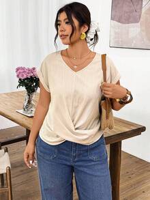 Lounesse Áo sơ mi nữ cỡ lớn tay ngắn cổ chữ V màu xanh lá cây, vạt áo thắt nút xoắn, tay cánh dơi. - Nhiều màu - Xem 4