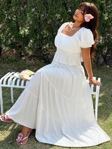 GalTyme Bộ đồ 2 mảnh dành cho nữ cỡ lớn, phong cách thường ngày mùa xuân/hè, màu trơn, kiểu áo peplum xếp bèo và chân váy xếp tầng. - trắng - Xem 6