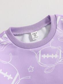 Tween Girl Bow Print Round Neck Drop Shoulder Casual Sweatshirt, Autumn/Winter - Purple - View 5