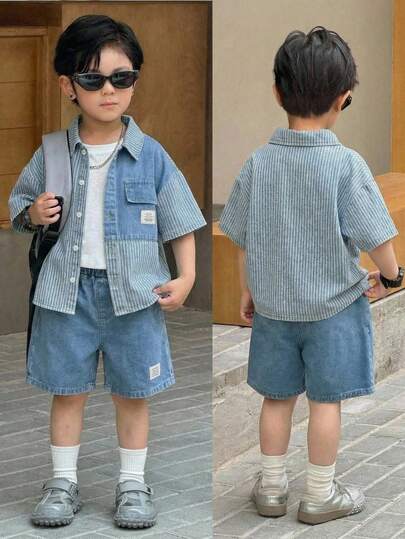 SHEIN 2pcs/Set Young Boy New Fashion Casual Soft Basic Simple Striped Patchwork Patch Decor Loose Light Blue Denim Short Sleeve Shirt And Jeans Shorts Set Spring Summer,For Kids Spring/Summer Dailywear Outfits,Boys Streetwear Outfits,Boys Beach Outfit,Vacation Outfits For Boys,Casual Clothes For Boys,Graphic Two-Piece Set,Toddler Two-Piece Set,4-Year-Old Boys Two-Piece Set ,Summer Two-Piece Set,Casual Two-Piece Set