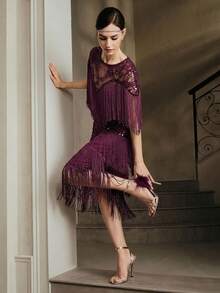 Women's Fashion New Arrival High-End Party & Evening Elegant Beaded Patchwork Tassel Suit - Purple - View 2
