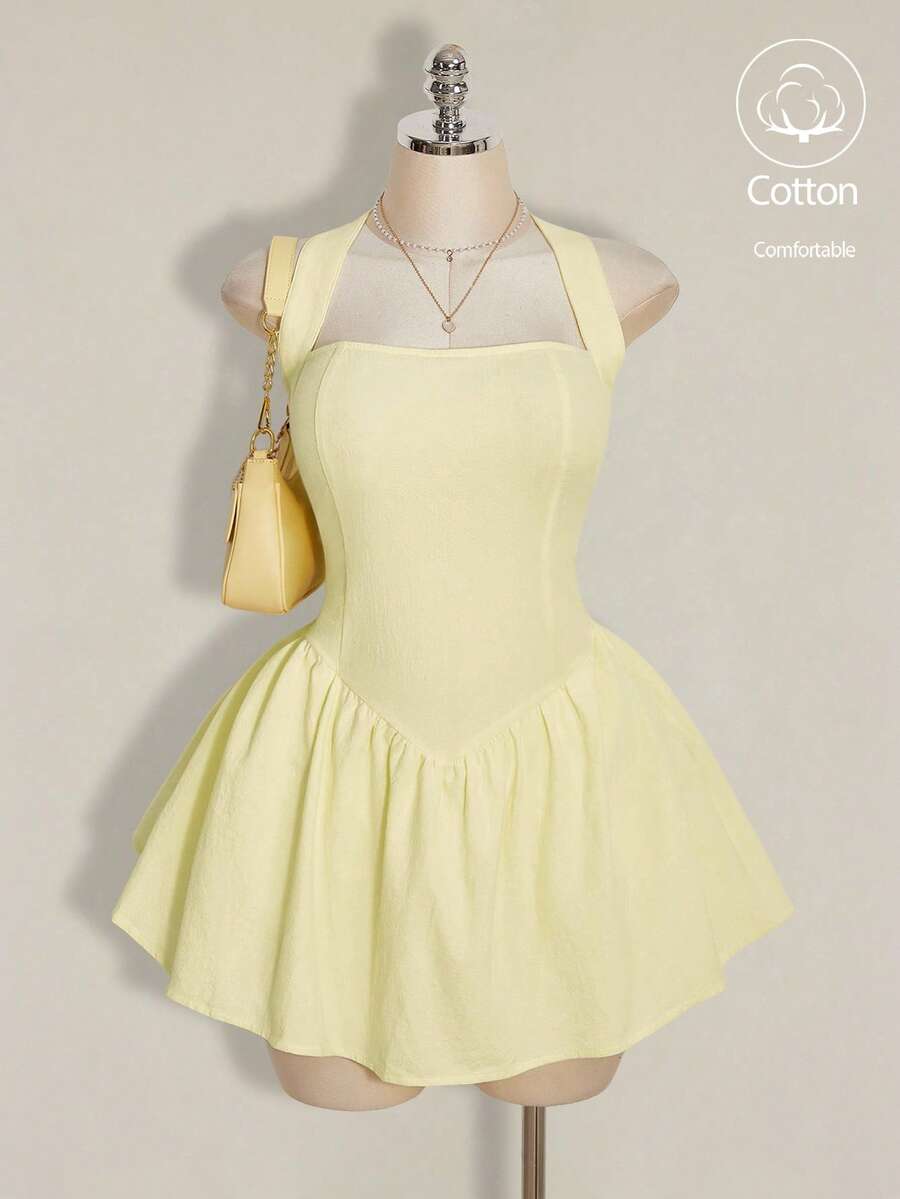 SHEIN ICON 大码女式黄色系带露背吊带连衣裙 - 黃色 - 查看 1