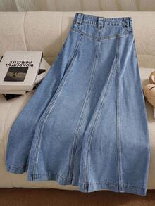 GlowEve Chân váy denim xếp ly một hàng cúc dành cho nữ, thích hợp mặc hàng ngày/đi làm. - Màu xanh lam - Xem 2
