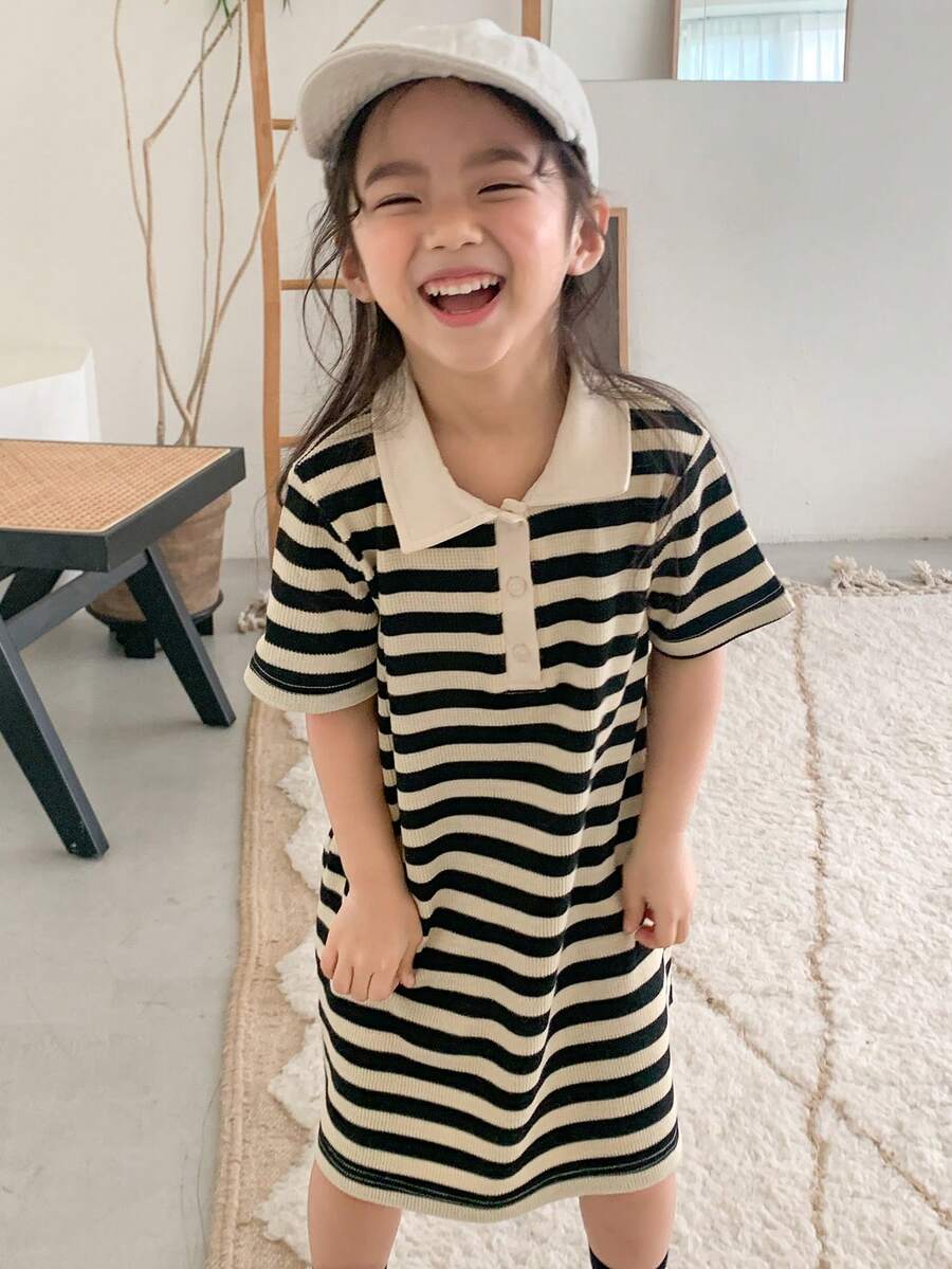 Young Girl Stripe Polo Collar Short Sleeve Casual Dress - Black and White - View 1
