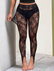 FavEase Quần legging ren đen xuyên thấu cổ chữ V, kiểu dáng mùa xuân/hè, thích hợp cho kỳ nghỉ, đi biển, dự tiệc sang trọng và gợi cảm, phong cách retro, đa năng cho mặc hàng ngày, đi chơi, hẹn hò. - màu đen - Xem 5