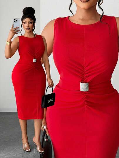 Maweii Plus Size Women's New Red Elastic Sleeveless Boat Neck Ruched Waist Metal Decor Button Mid-Length Dress
