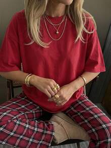 DAZY Casual Loose Plaid Top And Pants Home Wear Outfit Red Pajama Lounge Set - Red - View 4