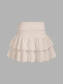 SHEIN Girlism Tween Girls Knitted Solid Color Cute Ruffle Layered Built-In Shorts Mini Skirt, Y2K Fashion, Back To School - Khaki - View 2
