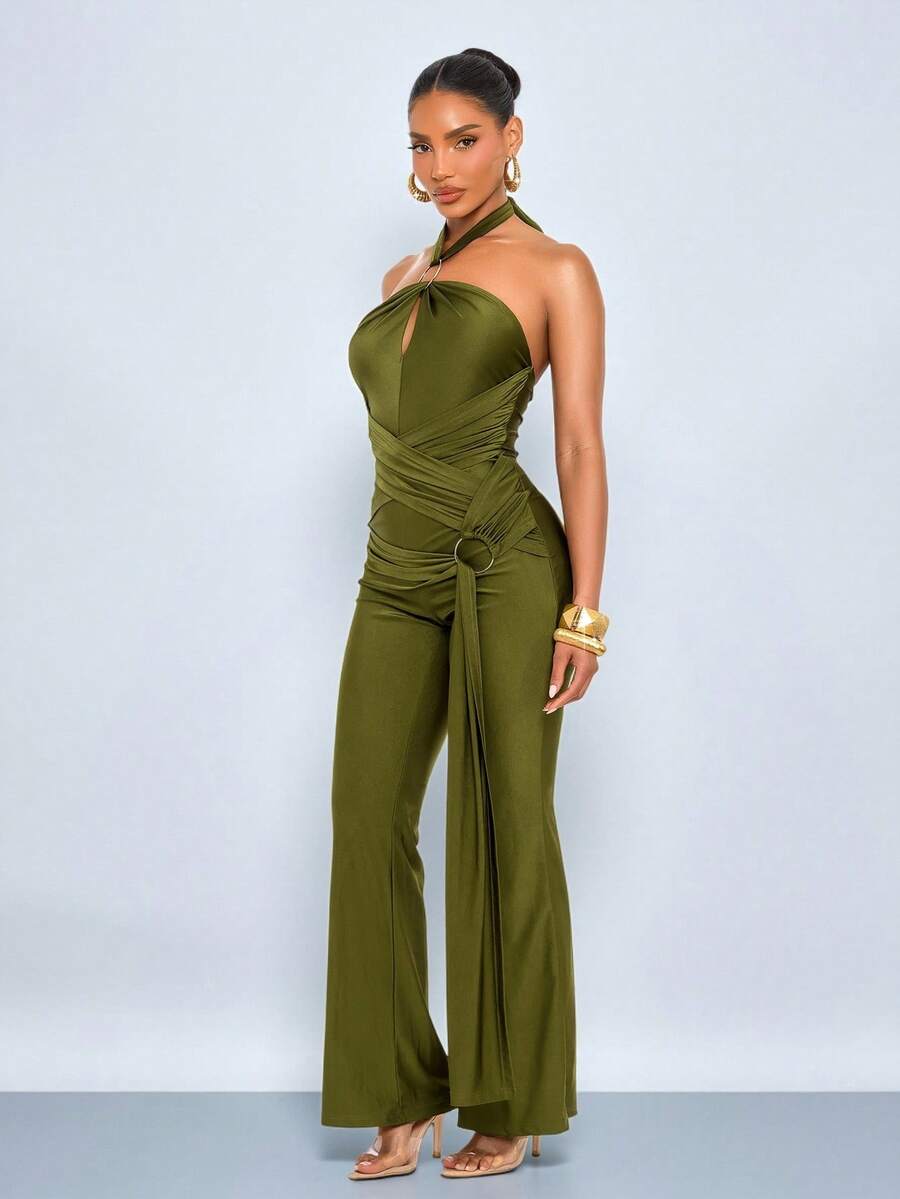 SOLERSUN Women's Elegant Solid Color Halter Neck Pleated Tie-Up Ribbon ...