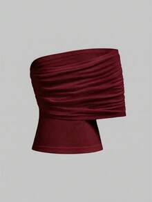 ROMWE Avant Sexy Slogan Print Asymmetrical Shoulder Fitted Women Top - Burgundy - View 2