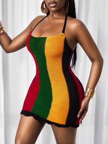BamGleam 女士针织吊带低胸毛衣连衣裙，红、黑、黄、绿多色可选，蕾丝短裙，修身性感，适合度假、休闲派对穿着，春、秋、夏、冬四季皆宜。 - 彩色 - 查看 5