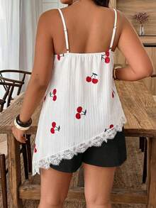 Weeklong Plus Size Women's Elegant Casual Vacation Sleeveless Top, Featuring Hollow-Out Lace Patchwork, Textured Cherry Fruit Print, And Asymmetric Hem, Suitable For Spring/Summer - Multicolor - View 2