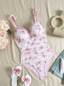 Swim Mod Women's One-Piece Swimsuit, Sweet Lace Ruffled Fitted Printed One-Piece Swimwear - Pink - View 2