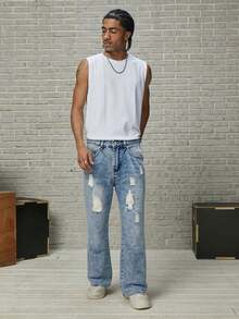GALLERY FADE Men's Ripped Slant Pocket Casual Daily Denim Jeans - Light Wash - View 5